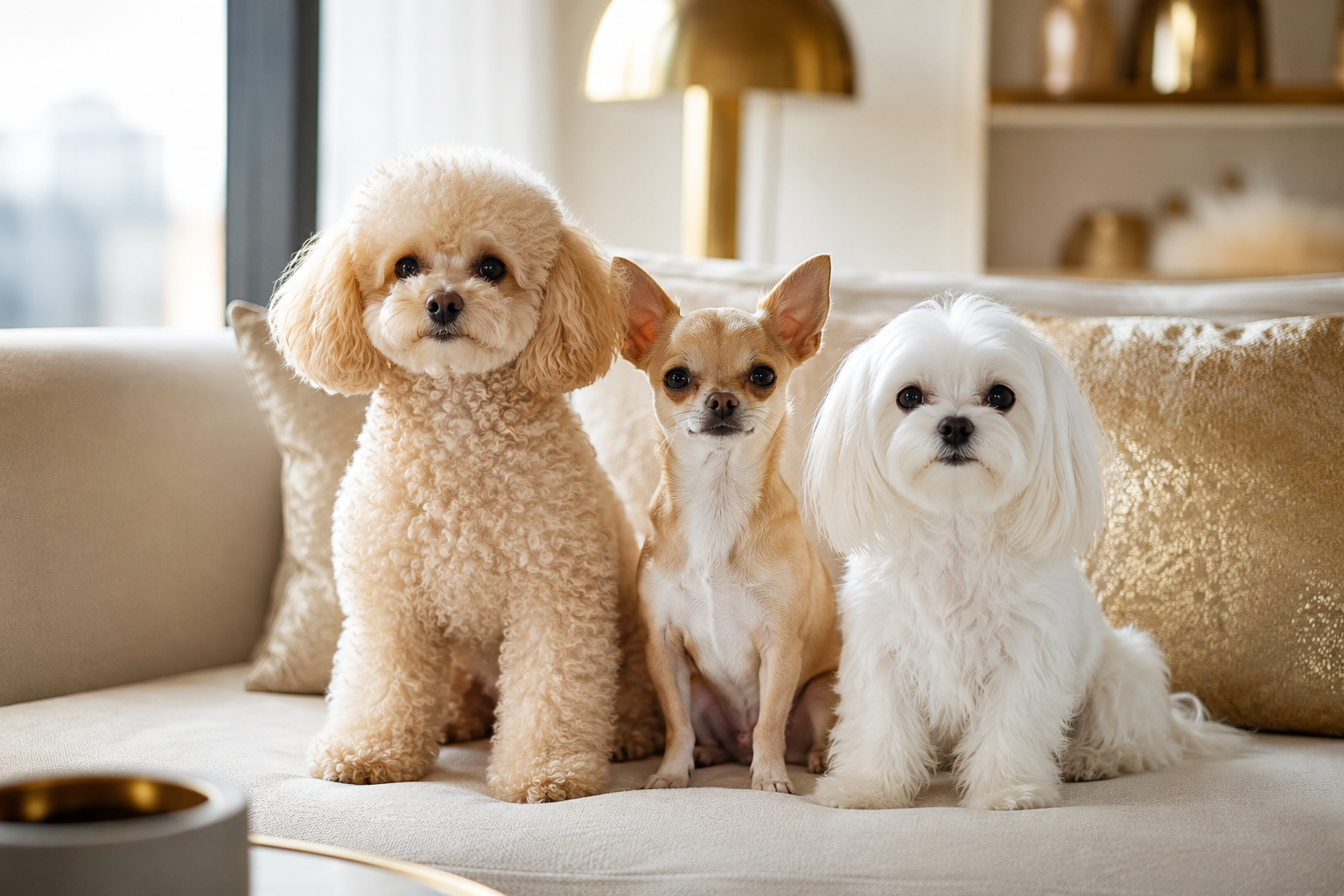 Professional () editorial photo of a cream-colored Toy Poodle sitting elegantly on a modern apartment sofa beside a