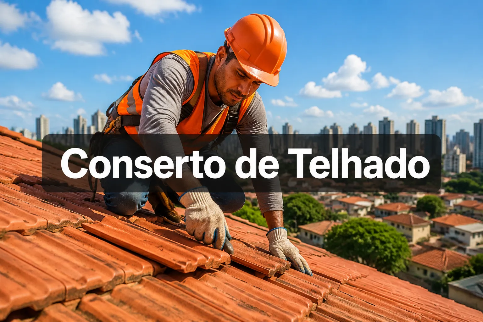Professional () hero image with (≤42 chars): 'Conserto de Telhado' in crisp white centered on a semi-transparent dark panel,