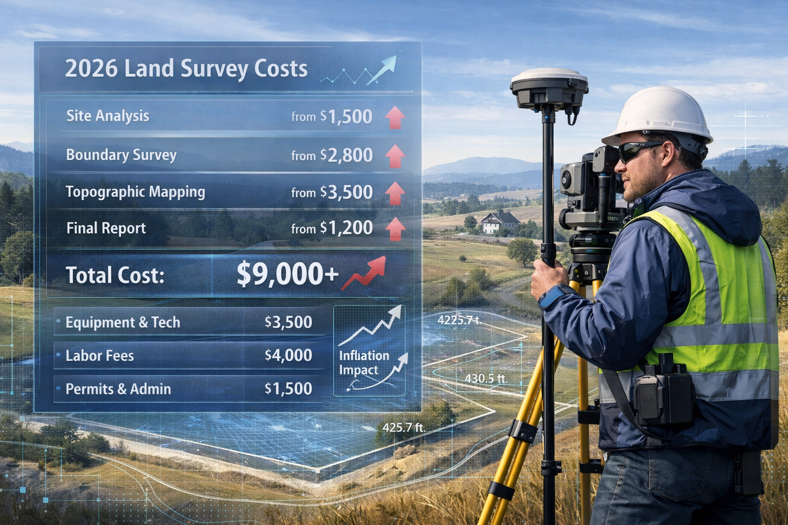 Professional editorial-style illustration showing a detailed land survey in progress, featuring a professional land surveyor using high-prec