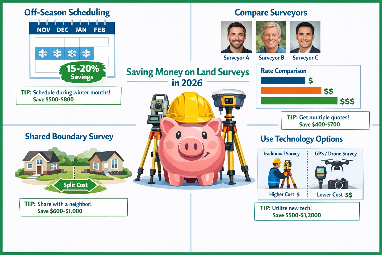 Detailed landscape format (1536x1024) practical guide visualization showing money-saving strategies for land surveys in 2026. Split into fou