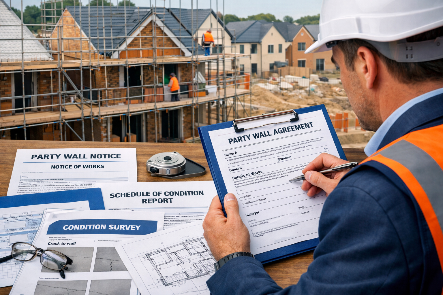 Detailed landscape format (1536x1024) image showing close-up of party wall documentation process during construction boom. Professional surv