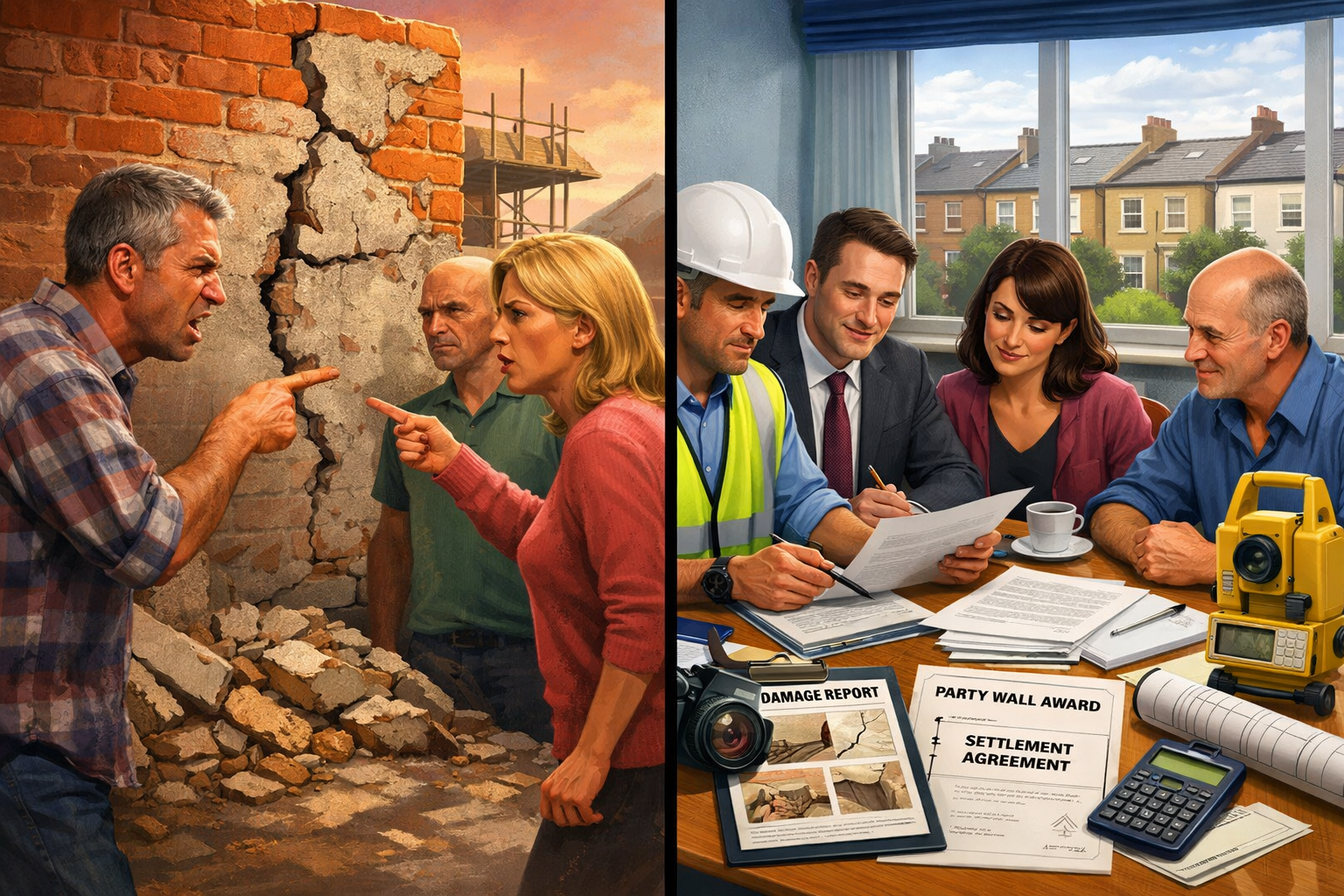 Landscape format (1536x1024) image illustrating dispute resolution strategies in party wall conflicts. Split-screen composition showing two