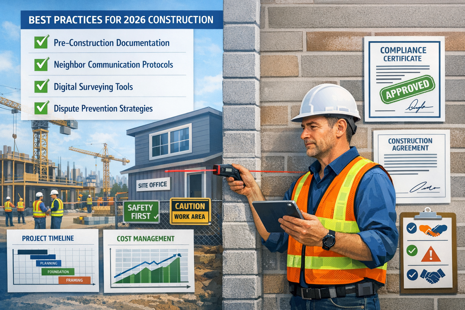 Detailed landscape format (1536x1024) image showcasing best practices implementation in 2026 construction boom environment. Infographic-styl