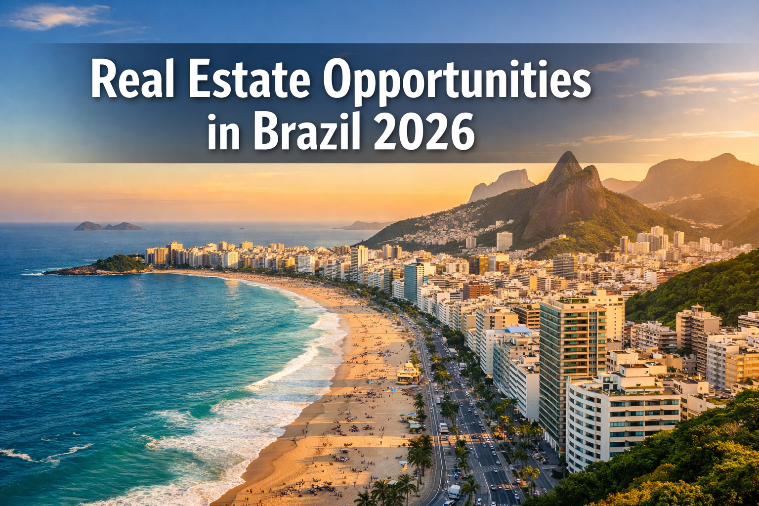 Professional landscape format (1536x1024) hero image featuring bold text overlay 'Real Estate Opportunities in Brazil 2026' in extra large 7