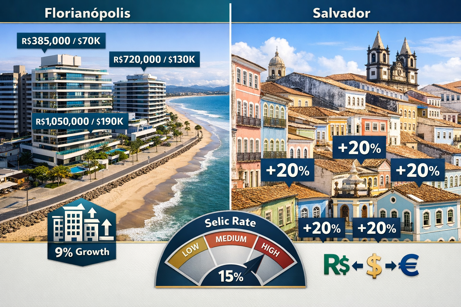 Detailed landscape format (1536x1024) image showing split-screen comparison of Brazilian real estate markets. Left side displays modern beac