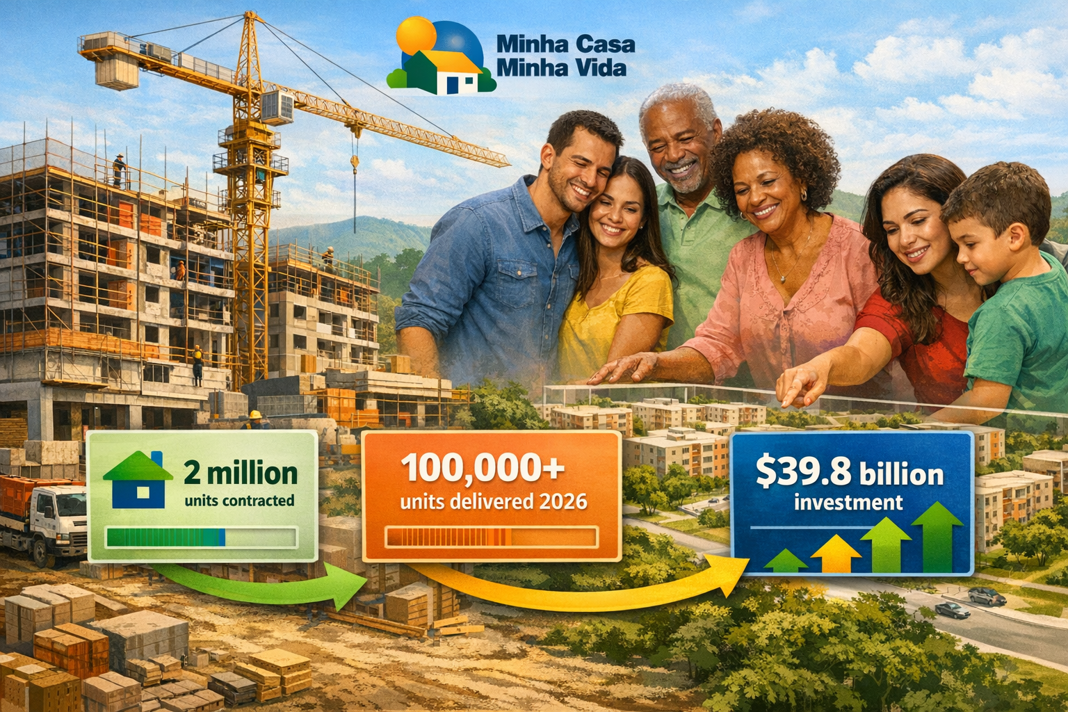 Detailed landscape format (1536x1024) image illustrating Minha Casa Minha Vida housing program impact. Foreground shows modern affordable ho