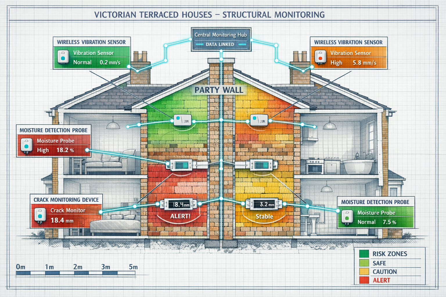 Detailed () technical illustration showing cross-section of Victorian terraced houses with party walls, multiple sensor