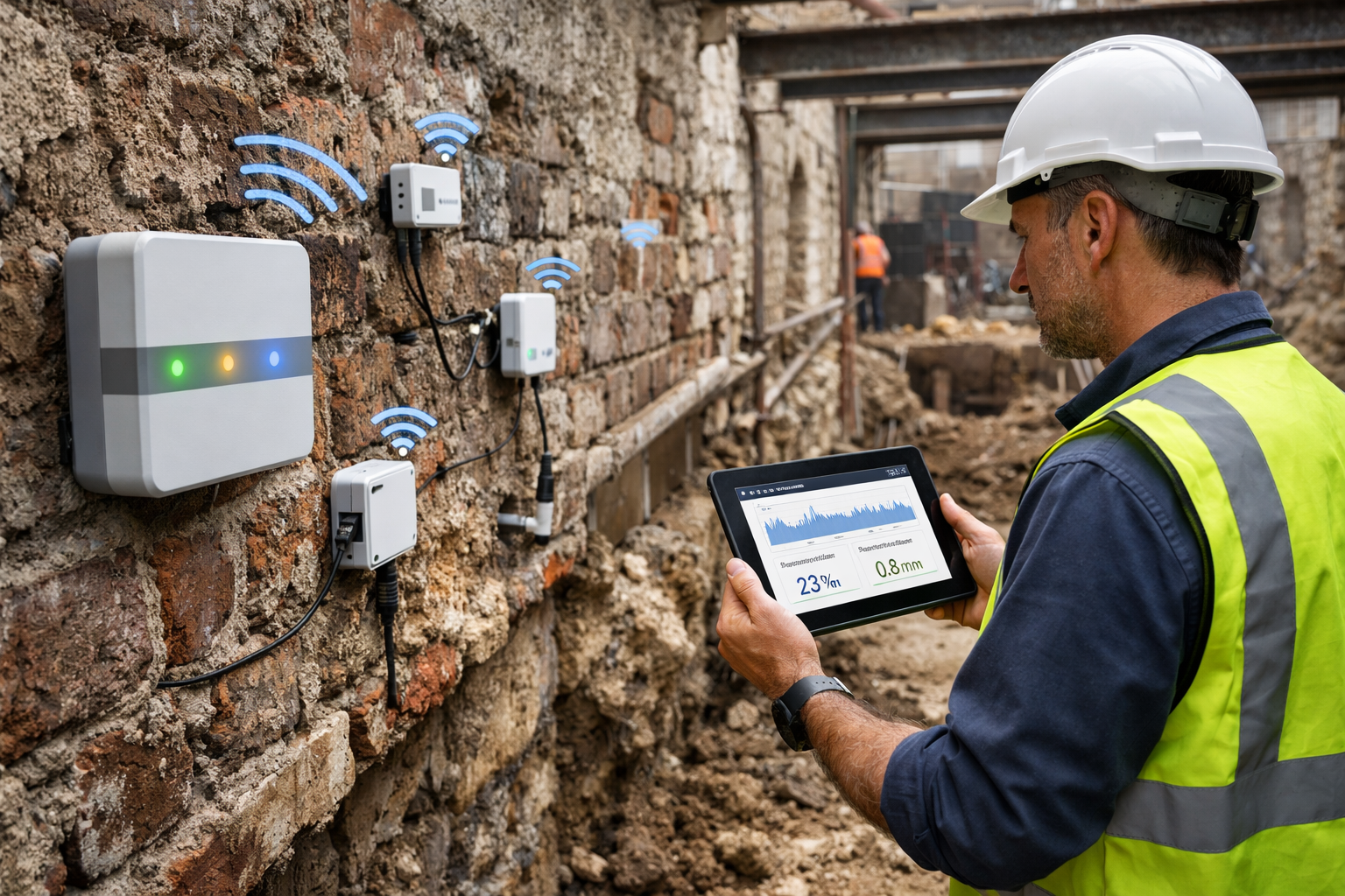 Detailed () photograph of professional surveyor in hard hat and hi-vis vest standing in basement excavation site next to