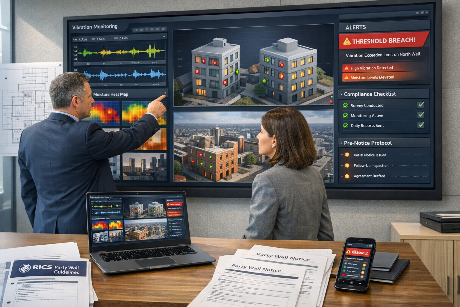 Detailed () modern office setting showing large wall-mounted digital dashboard display with multiple screens showing