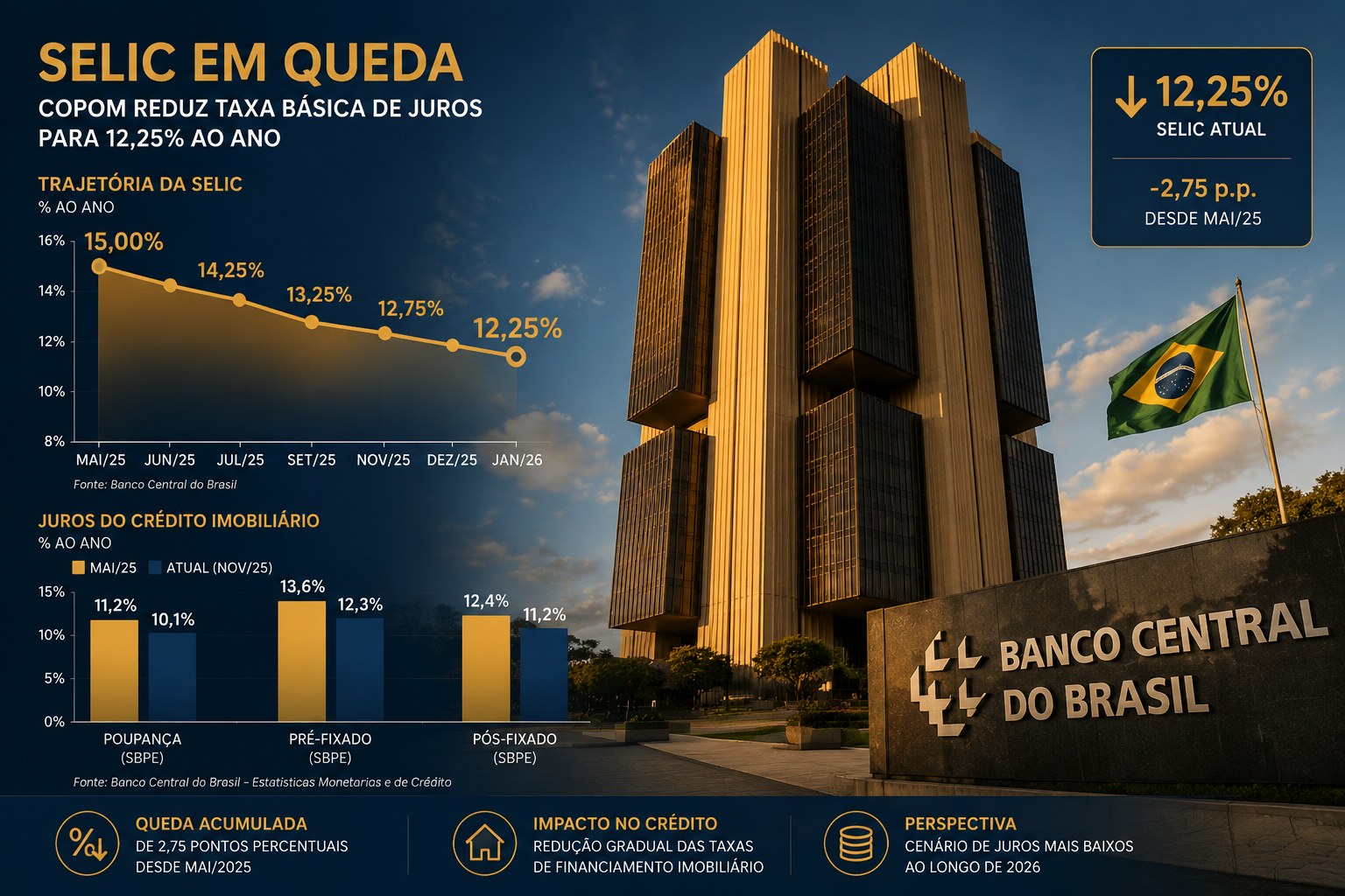 Wide-angle ground-level photograph of a Brazilian Central Bank building facade with the Brazilian flag, overlaid with a