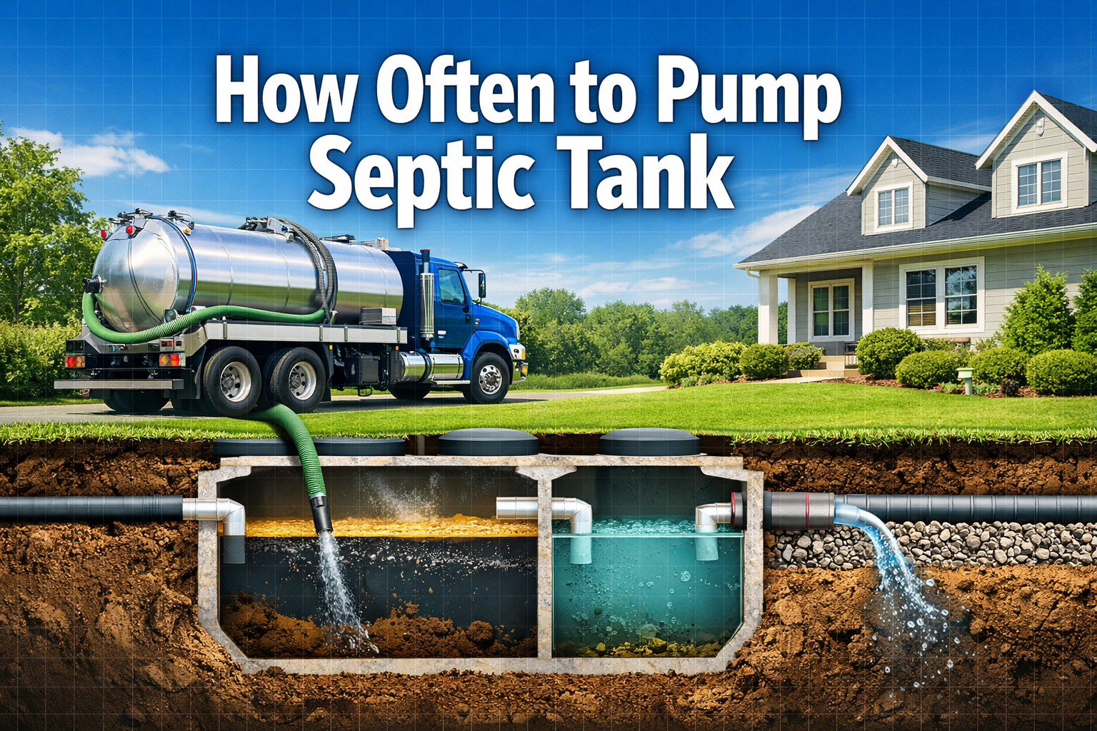 Professional landscape format (1536x1024) hero image featuring bold text overlay 'How Often to Pump Septic Tank' in extra large 72pt white s