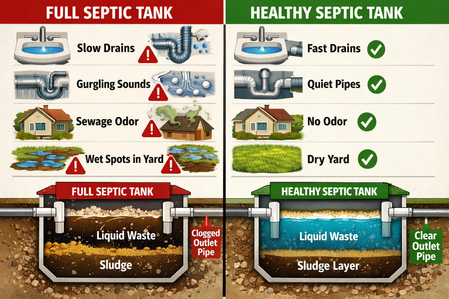 Portrait format (1024x1536) detailed illustration showing warning signs of full septic tank including slow drains, gurgling sounds, sewage o