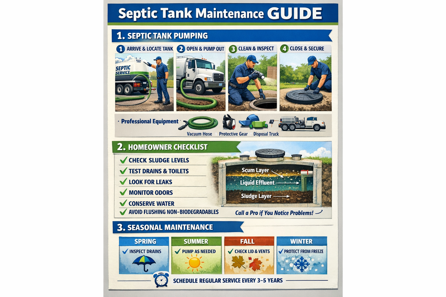 Portrait format (1024x1536) step-by-step visual guide for septic tank maintenance showing professional pumping process, homeowner inspection