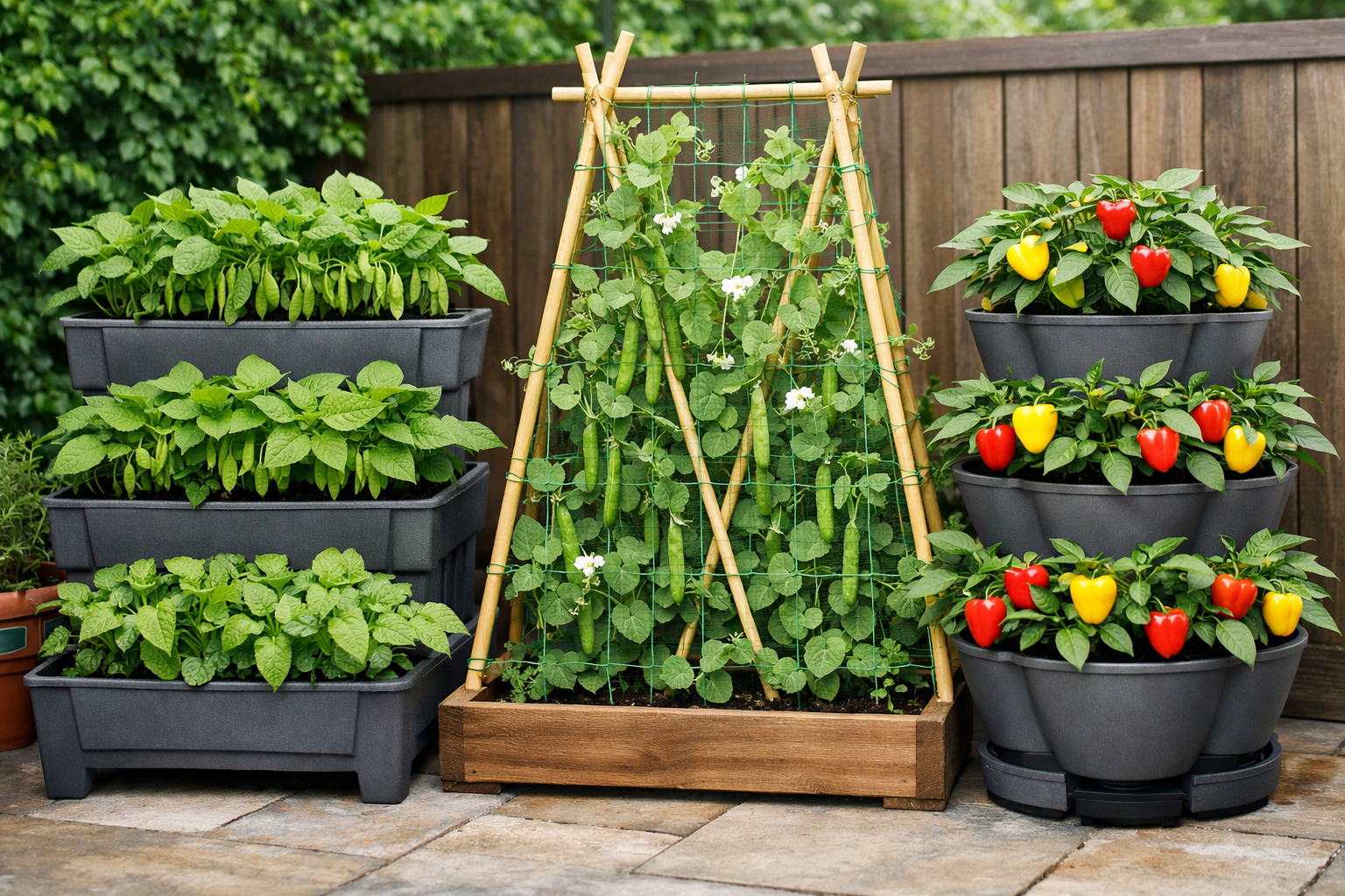 Landscape format (1536x1024) editorial image sdhowcasing innovative vertical gardening solutions for small spaces. Display a tiered planter f