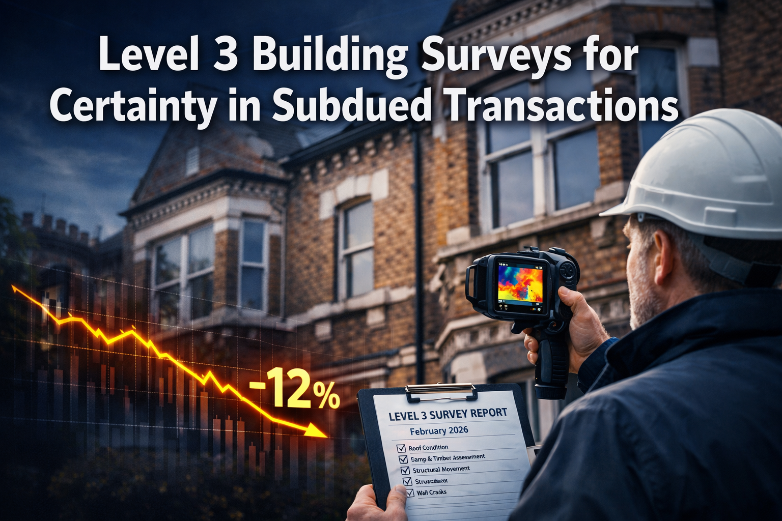 Professional () editorial hero image featuring 'Level 3 Building Surveys for Certainty in Subdued Transactions' in extra