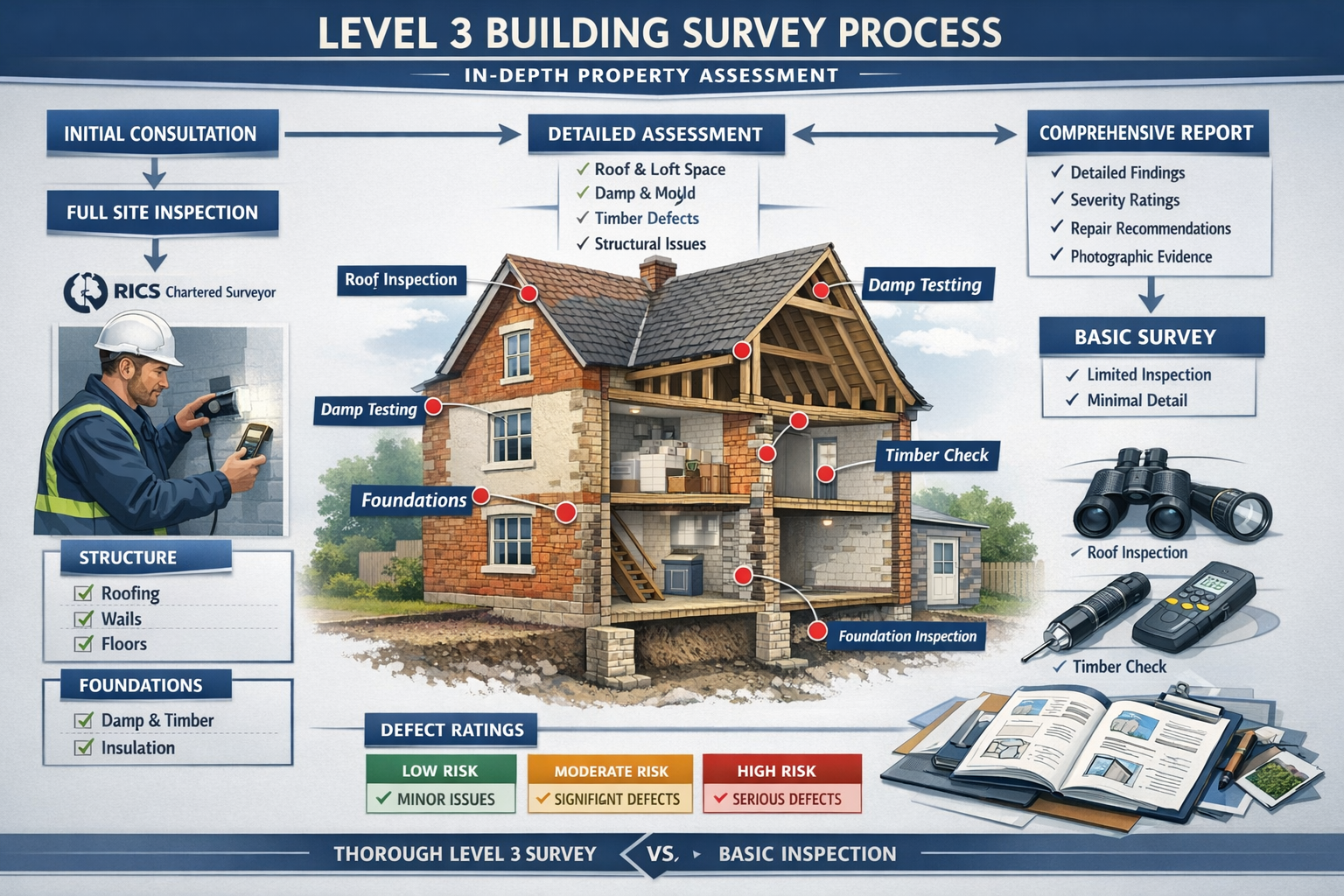 () detailed infographic showing comprehensive Level 3 Building Survey protocol flowchart with interconnected stages from