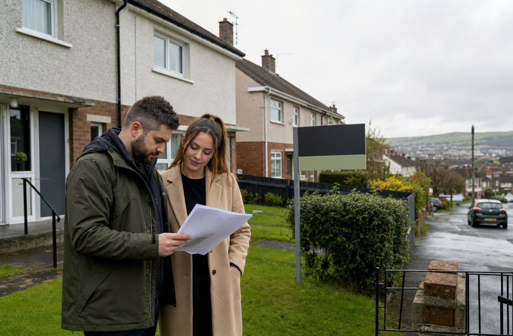 Wide-angle editorial photograph of a Northern Ireland housing estate with semi-detached homes, a young couple in their late