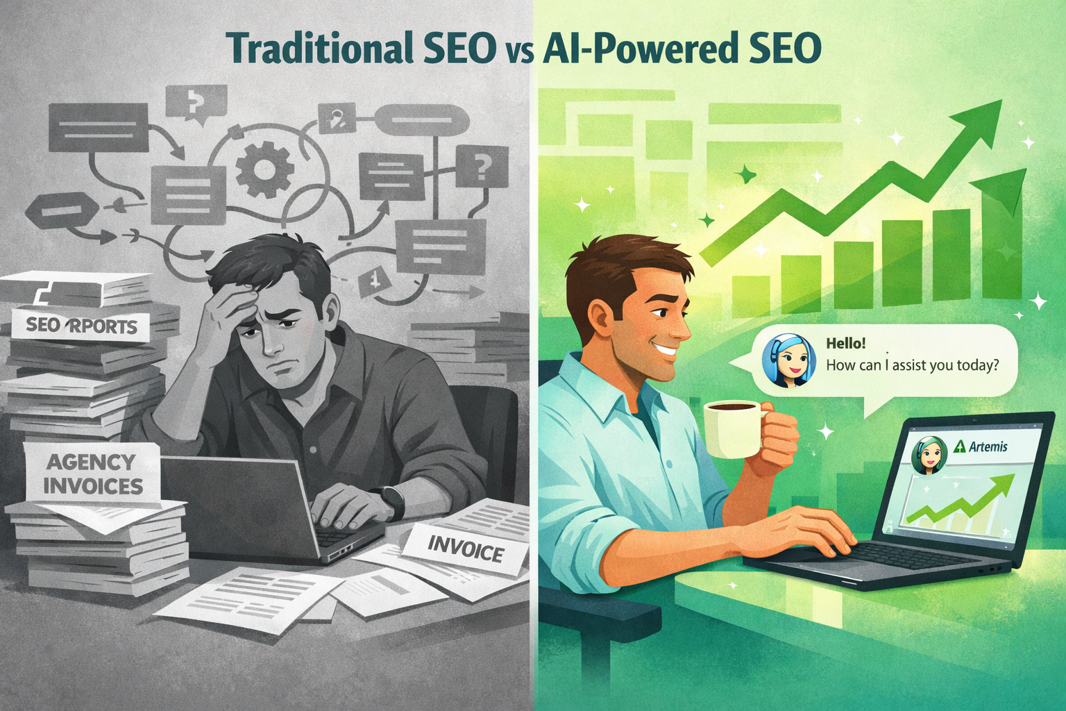 RankScore Vibe SEO Digital illustration, graphic design style, Landscape format (1536x1024) editorial illustration showing a split-screen comparison: left side depicts a stressed small business owner surrounded by stacks of SEO reports, agency invoices, and tangled workflow charts in muted gray tones; right side shows the same person relaxed, chatting with an AI assistant named Artemis on a clean laptop interface, with green upward-trending organic traffic graphs floating above. Bold label 'Traditional SEO vs AI-Powered SEO' in dark teal sans-serif at top. Bright, optimistic color shift from gray to teal-green on the right panel. Clean editorial style, 1536x1024.