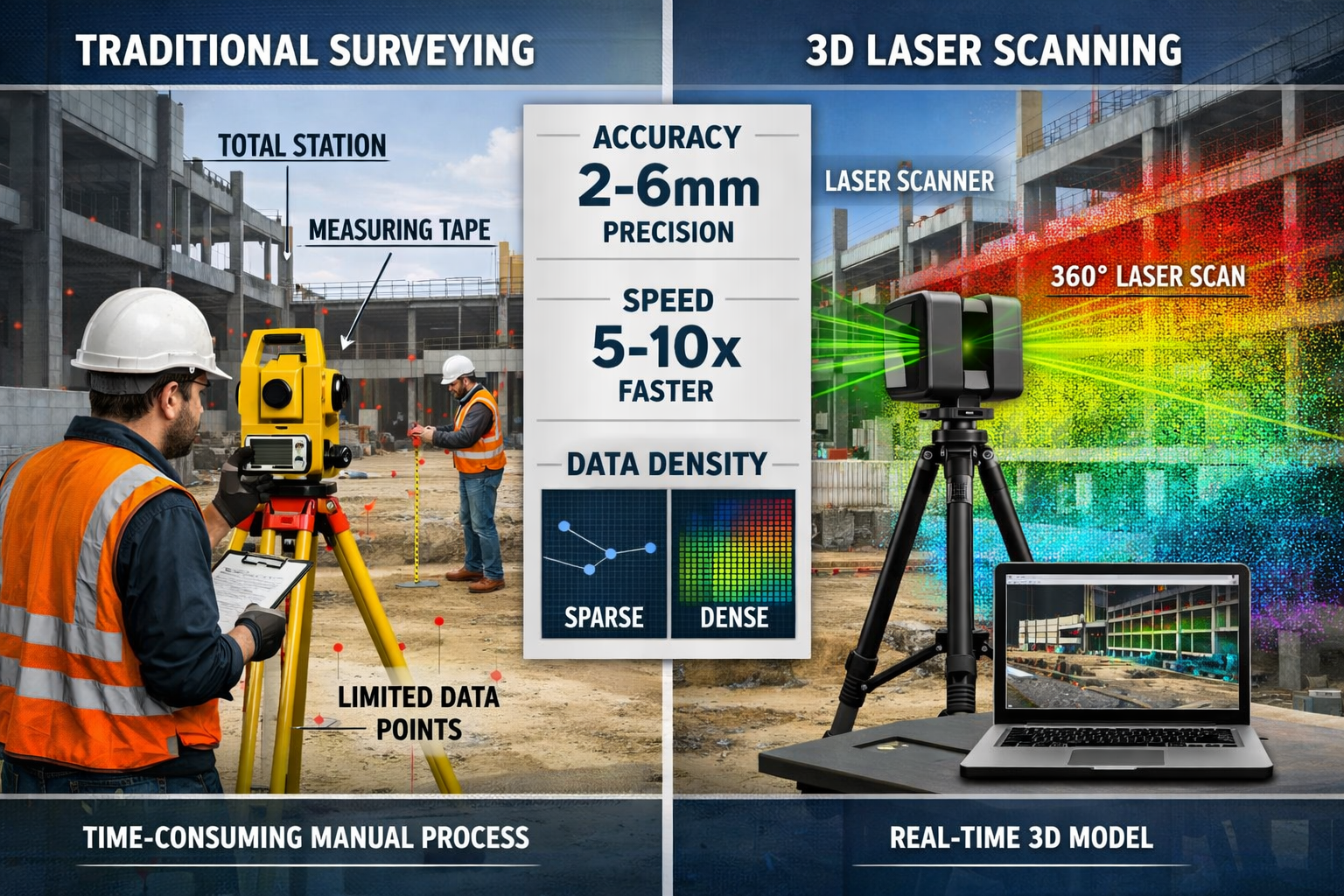 Detailed landscape format (1536x1024) image showing side-by-side comparison of traditional surveying versus 3D laser scanning technology. Le