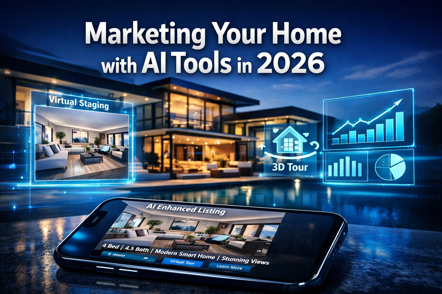 Professional () hero image featuring 'Marketing Your Home with AI Tools in 2026' in extra large white with dark , positioned
