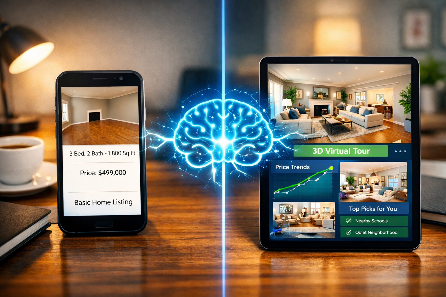 () editorial image showing split-screen comparison of traditional home listing versus AI-enhanced listing. Left side: basic