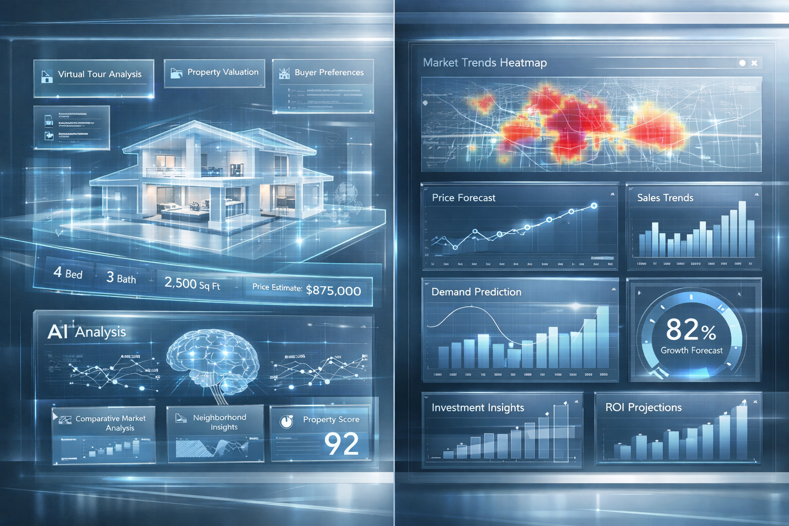 Futuristic digital visualization depicting AI-powered home marketing tools in 2026, split-screen composition showing