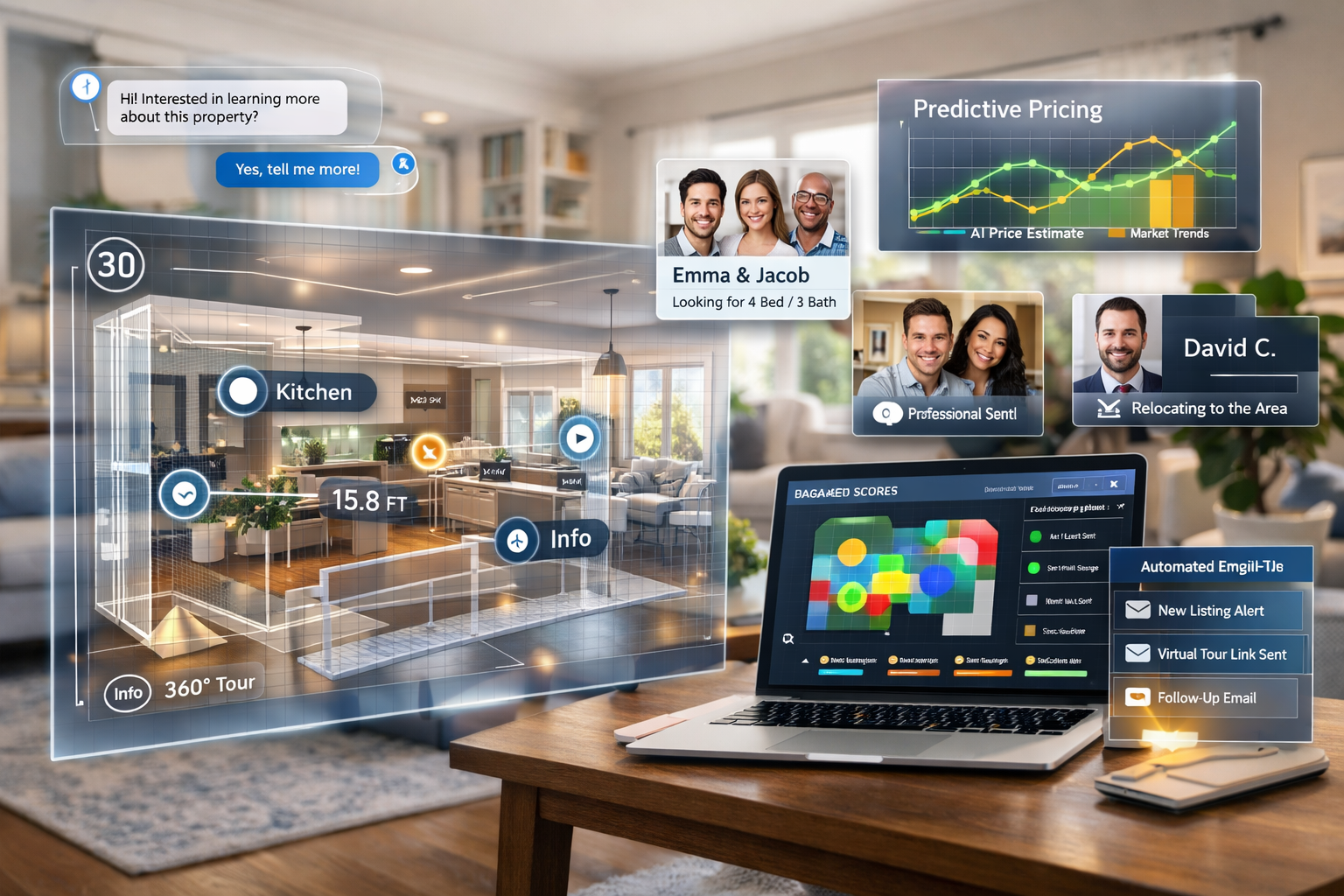() futuristic composite image showing AI-powered home marketing ecosystem. Foreground: transparent holographic display