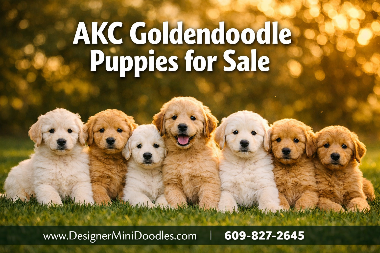 Professional () hero image with : 'AKC Goldendoodle Puppies for Sale' in extra large white with dark drop , centered upper