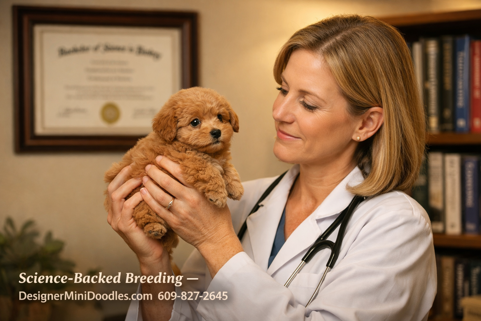 () editorial image showing a professional animal biologist in a clean, well-lit breeding facility examining a fluffy micro
