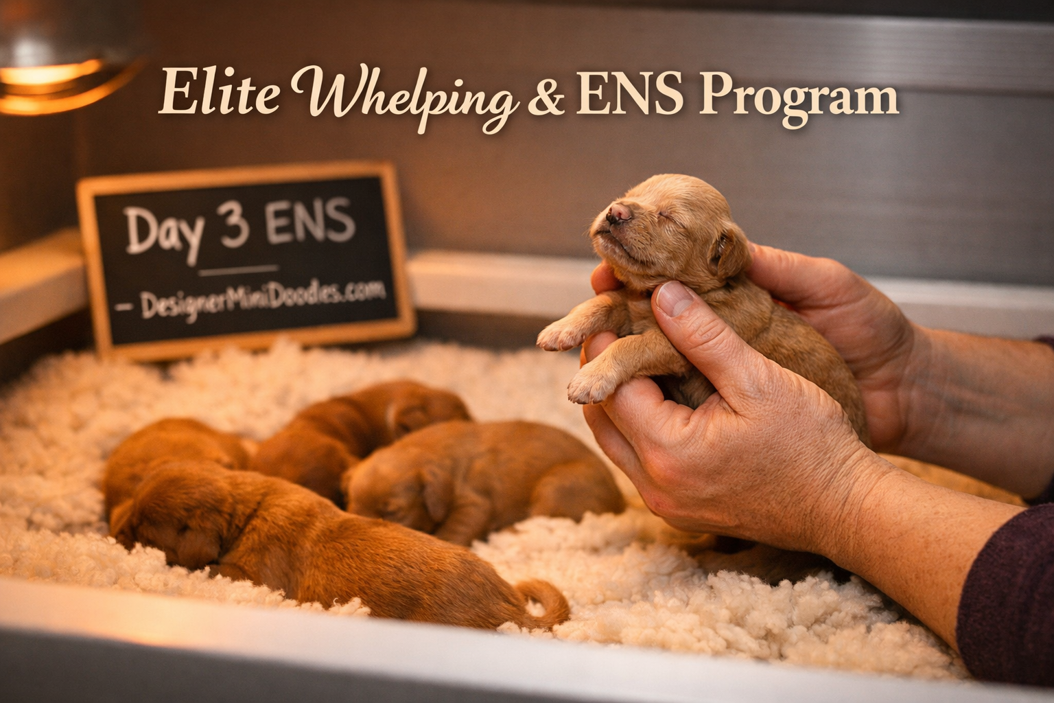 () image of a newborn goldendoodle puppy litter in a professional whelping box with soft bedding, heat lamp glow, caring