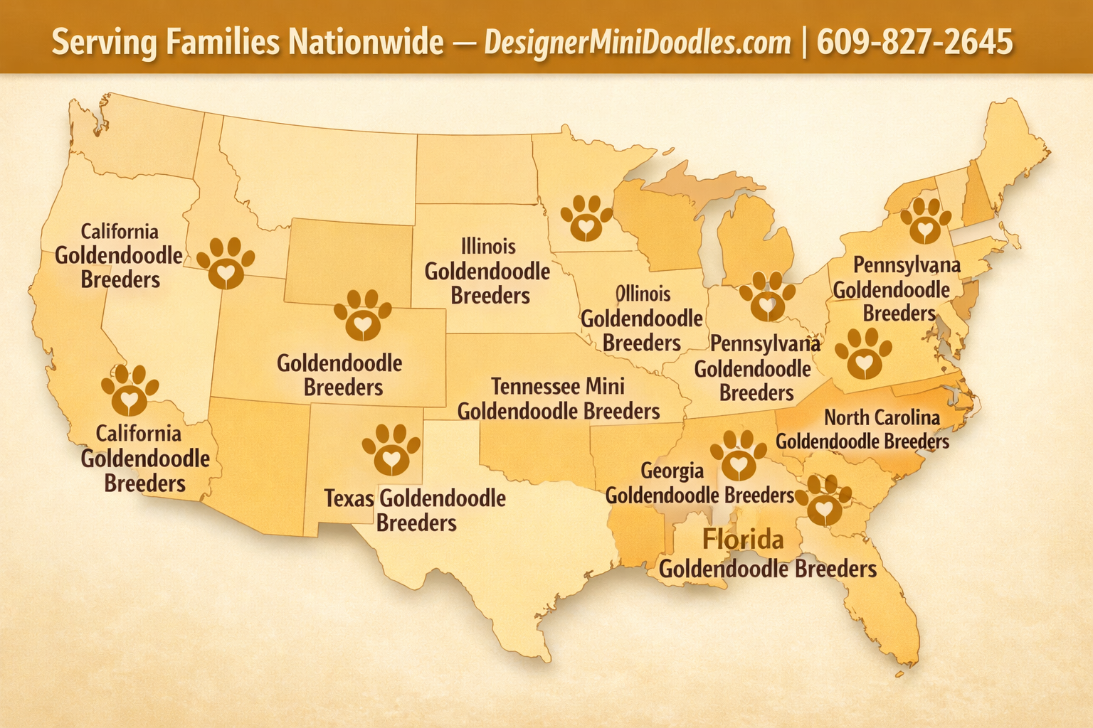 () wide-angle map of the United States with golden doodle puppy paw print icons placed over key states including Tennessee,