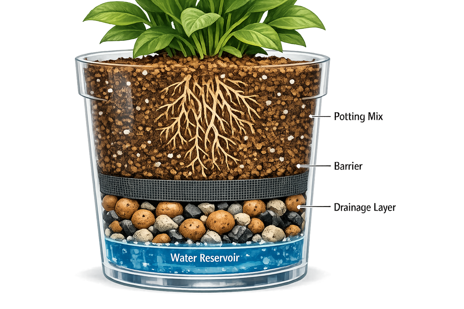 Detailed () image illustrating the 'false bottom' or 'drainage layer' method for indoor plants in pots without drainage