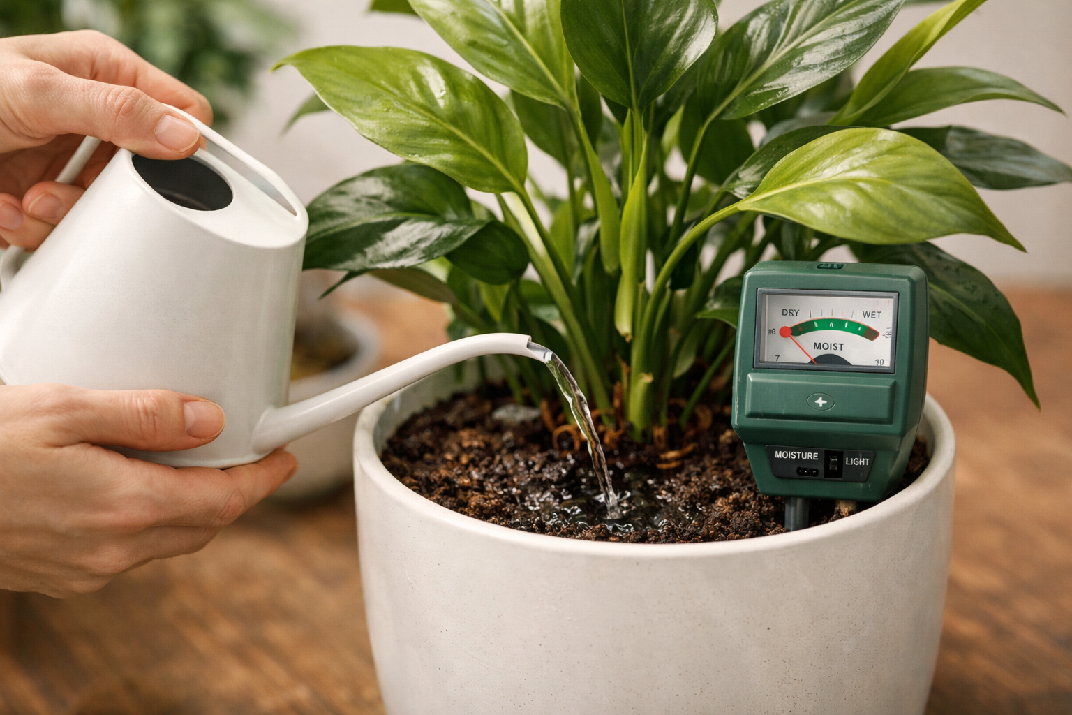 () image demonstrating careful watering techniques for plants in pots without drainage holes. A person's hands are gently
