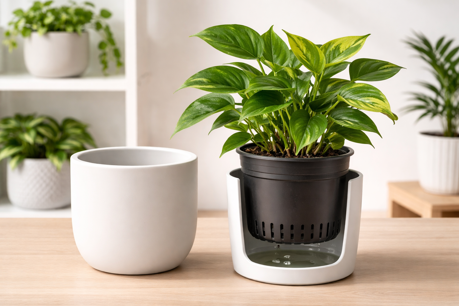 () image showcasing a plant removed from its decorative pot to reveal an inner nursery pot with drainage holes. The