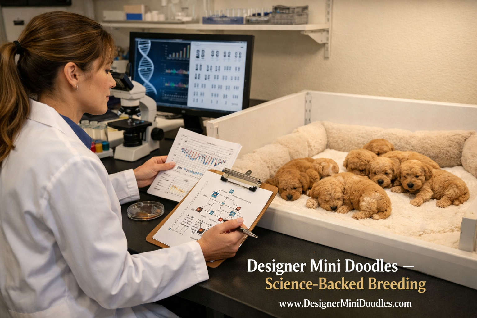 () showing a professional animal biology lab setting with a woman in a white coat reviewing genetic charts and pedigree