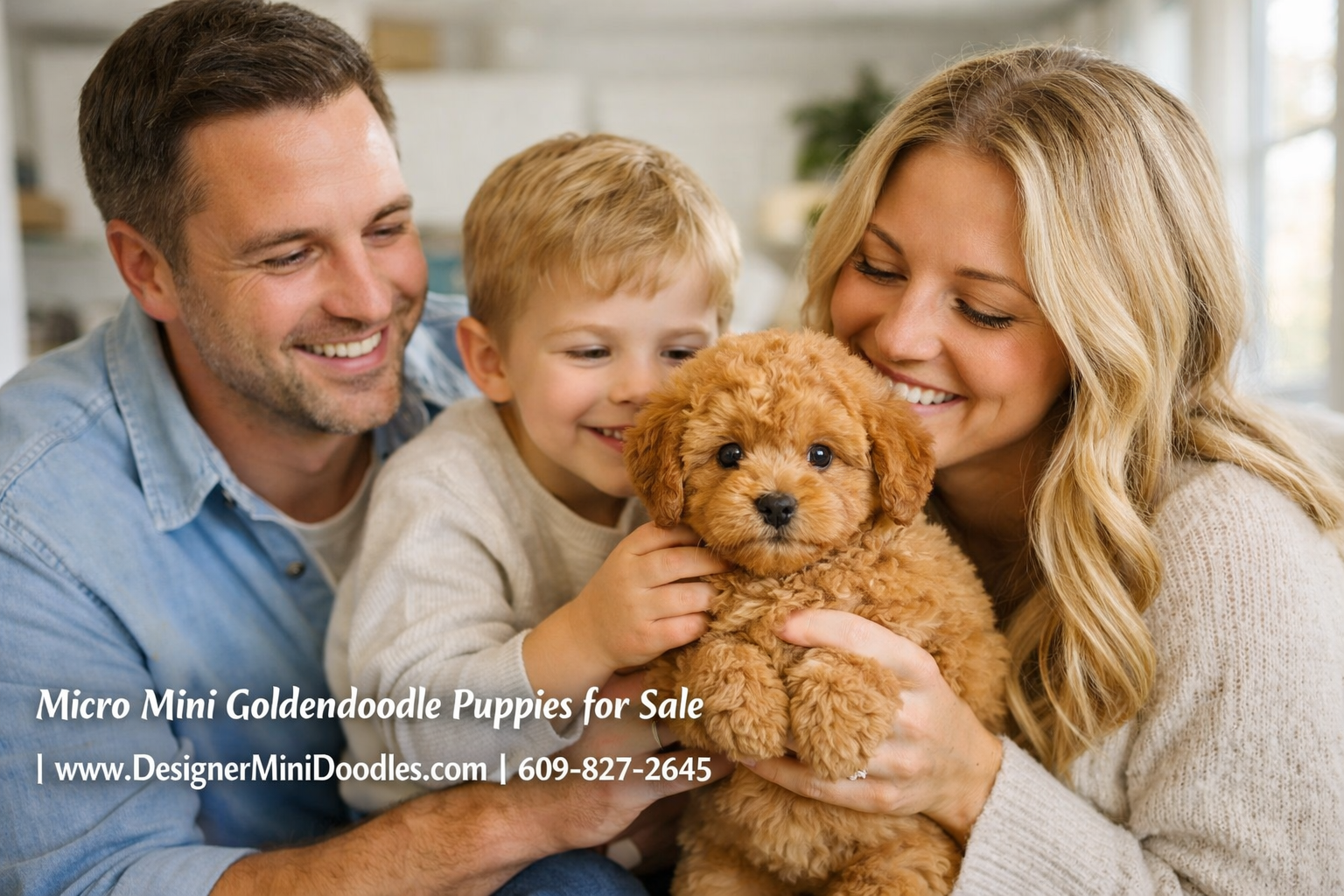 () warm lifestyle photo of a micro mini goldendoodle puppy being held by a smiling family — two parents and a young child —