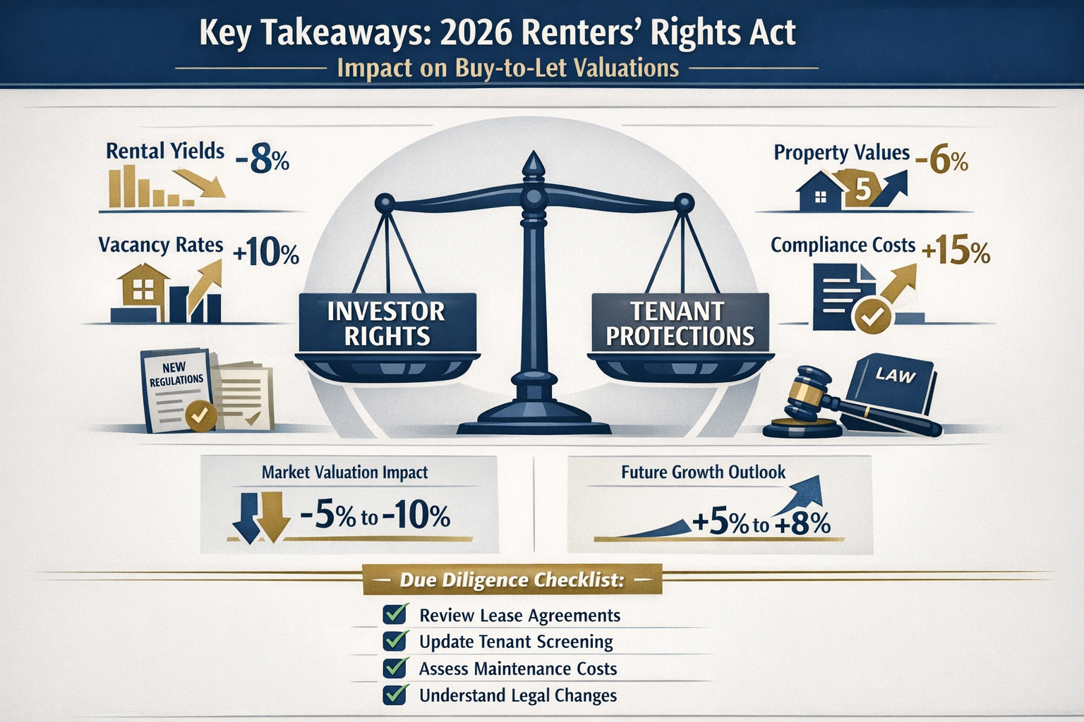Infographic-style visual summarizing the Key Takeaways of the 2026 Renters' Rights Act impact on buy-to-let valuations. Central graphic show