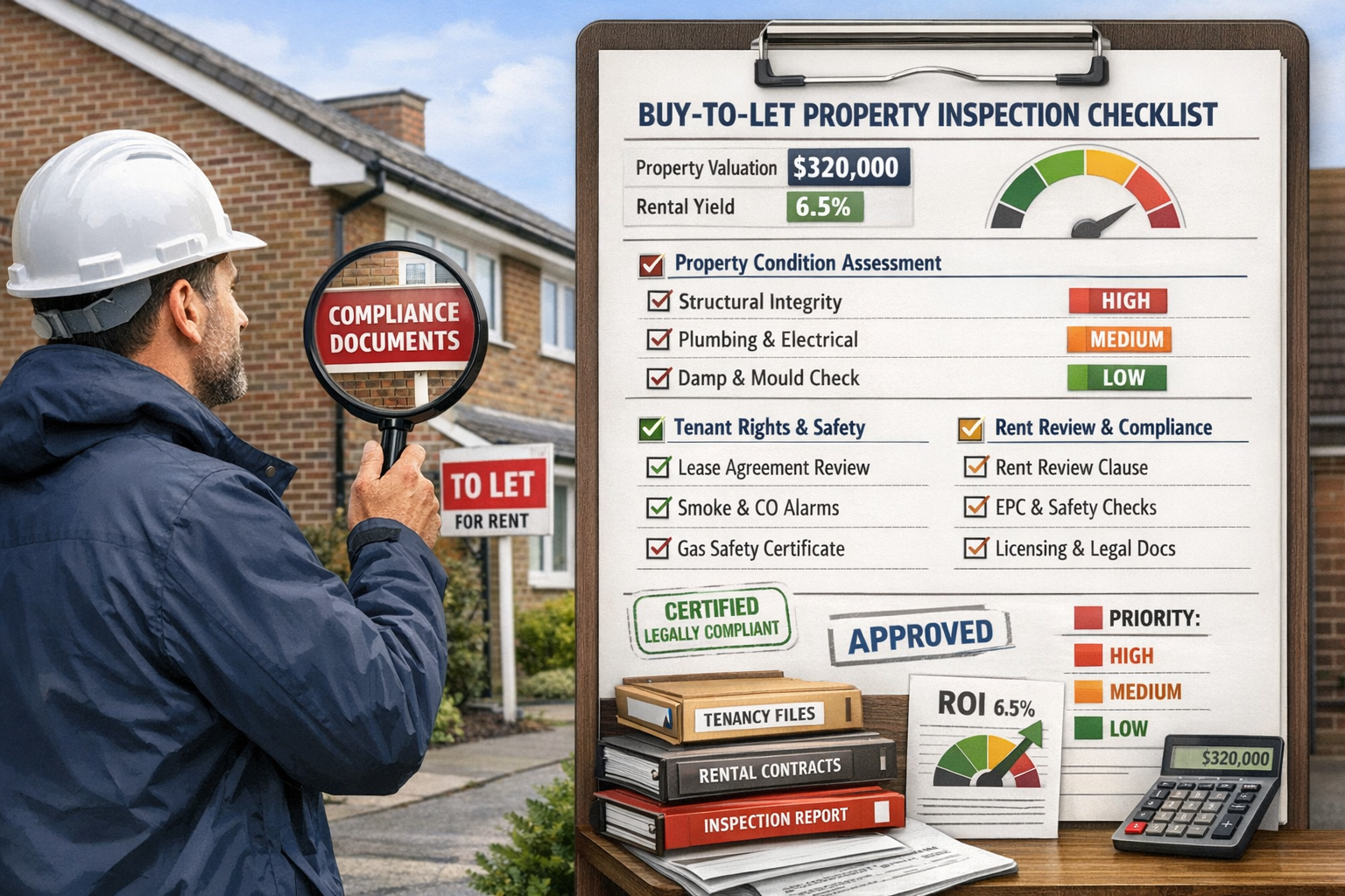 Landscape format (1536x1024) comprehensive visual checklist displayed as professional surveyor's clipboard with detailed buy-to-let property