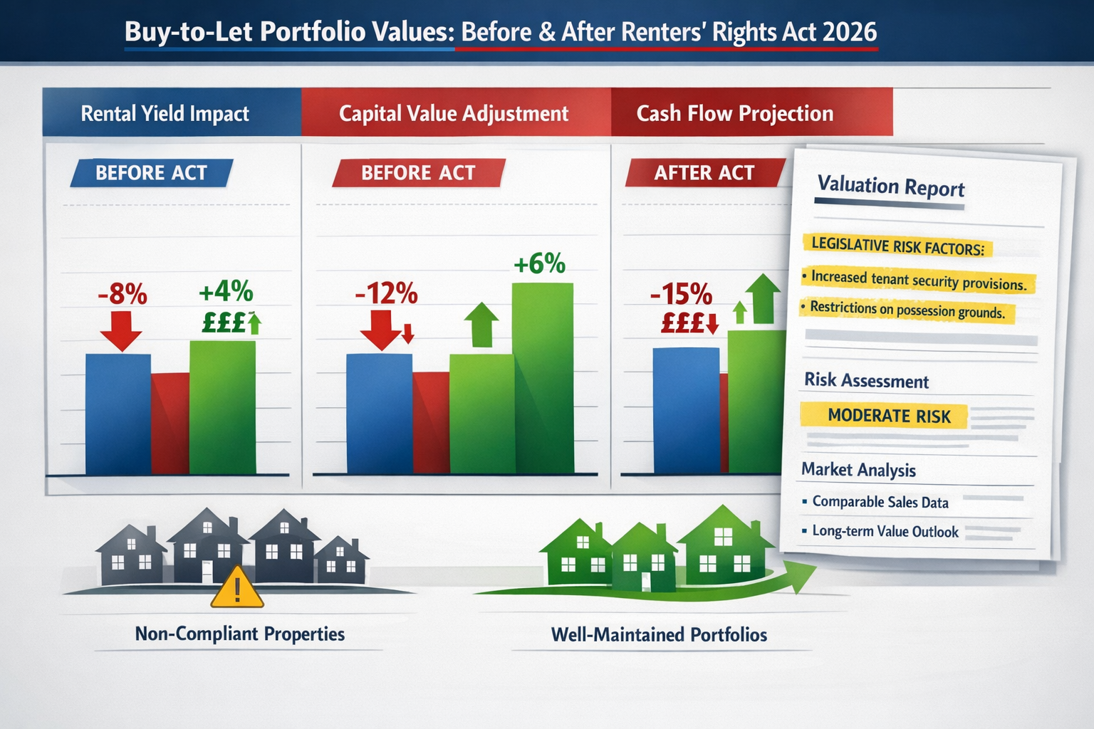 Landscape format (1536x1024) detailed property valuation adjustment chart showing buy-to-let portfolio values before and after Renters' Righ