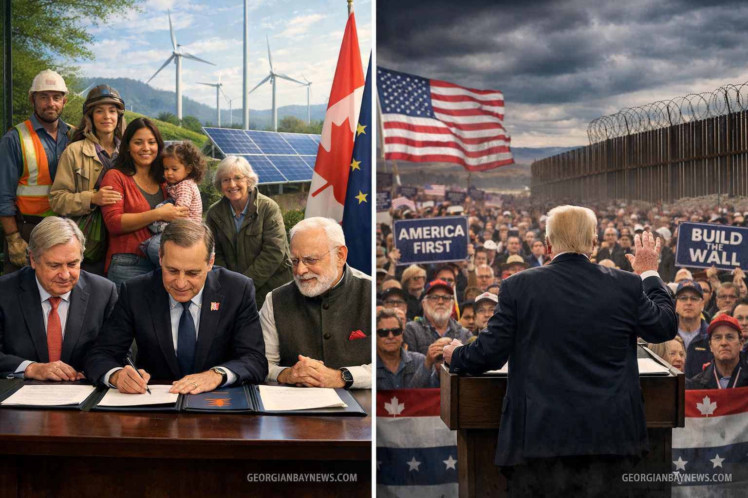 Include the text: GEORGIANBAYNEWS.COM, in each image in a discreet fashion. Powerful landscape photojournalistic image (1536x1024) capturing