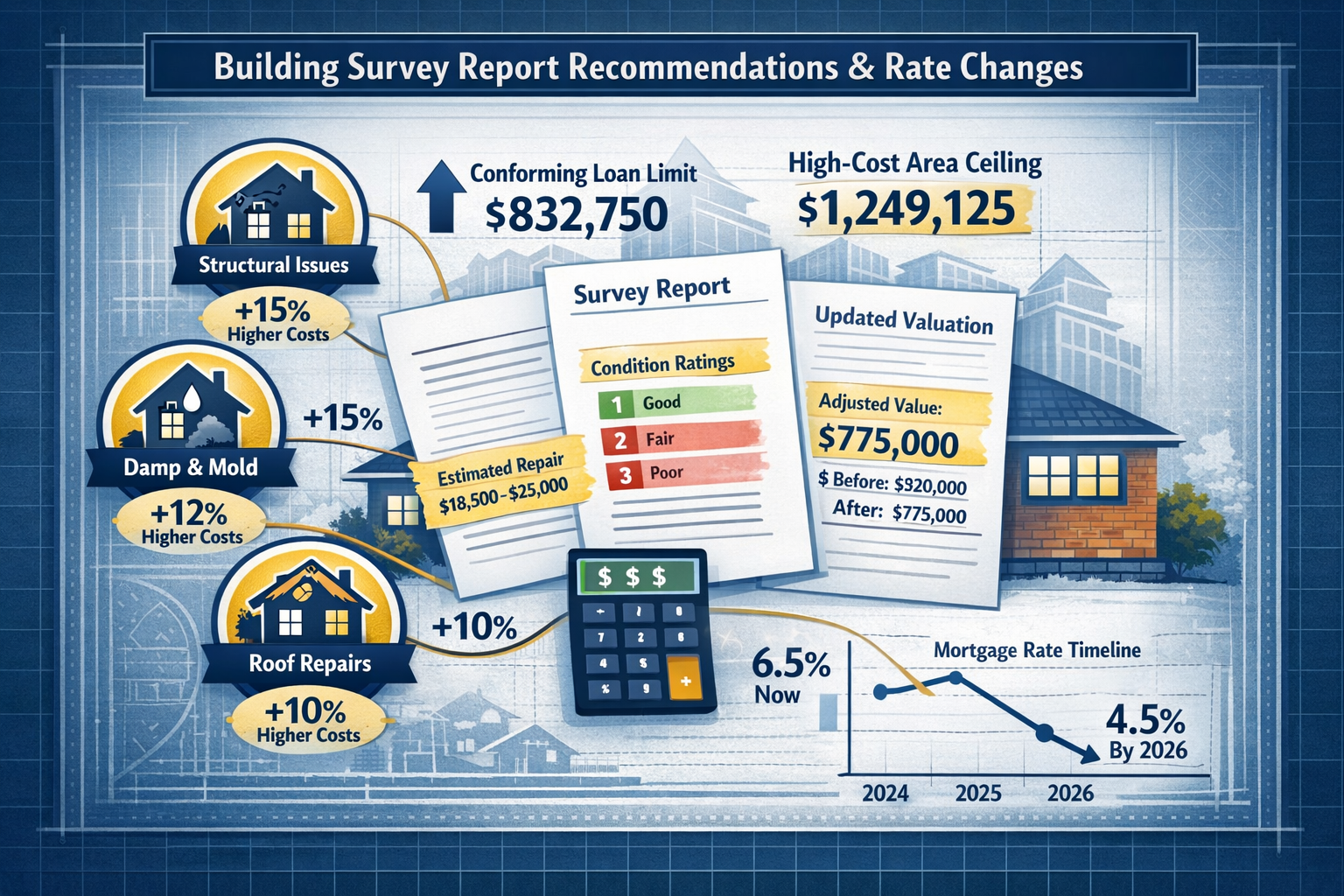 Detailed landscape format (1536x1024) infographic-style image depicting building survey report recommendations influenced by rate changes. C