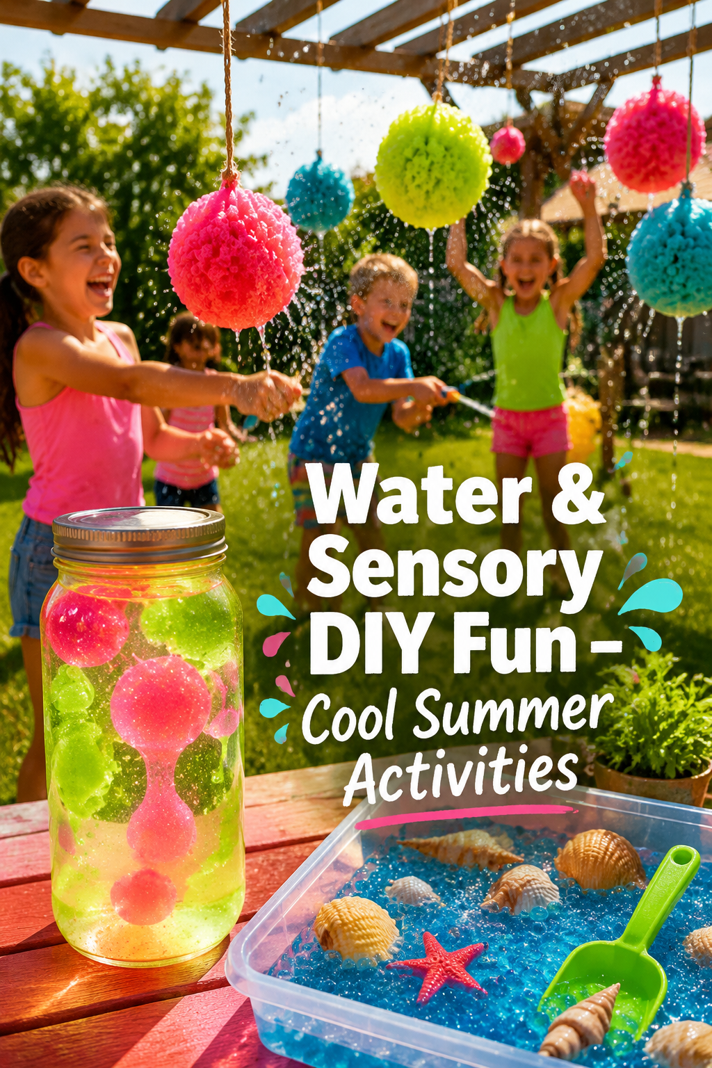Portrait/Pinterest format () showing children playing outdoors on a sunny lawn with colorful sponge water-balloon piñatas