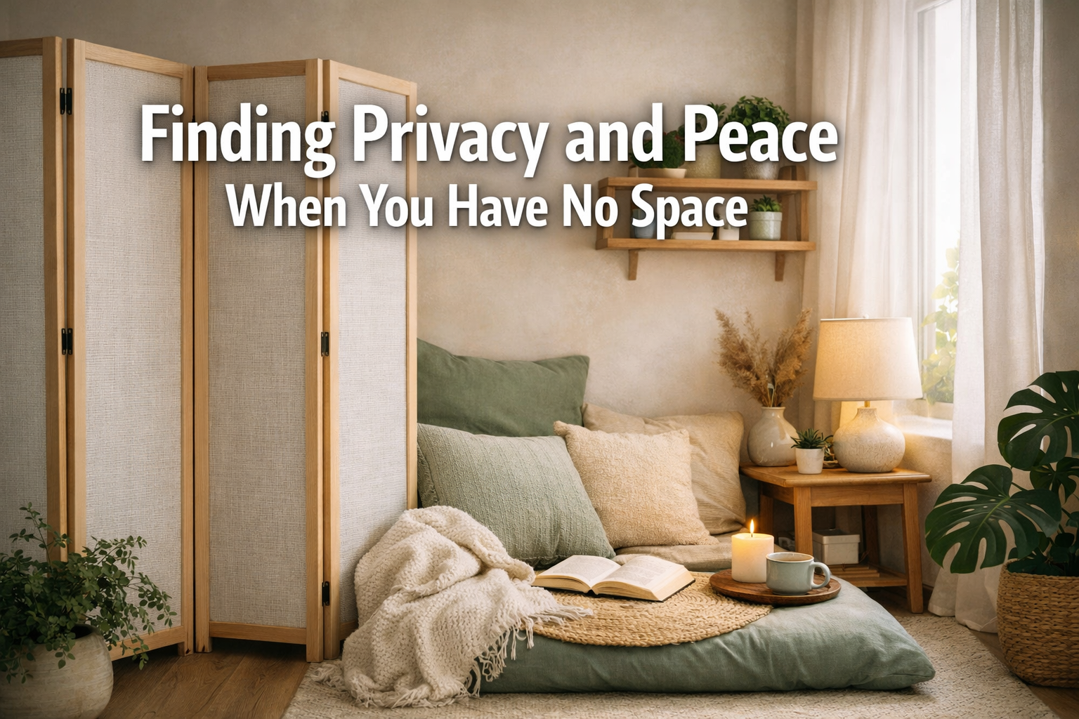 Professional landscape format (1536x1024) hero image featuring bold text overlay 'Finding Privacy and Peace When You Have No Space' in extra