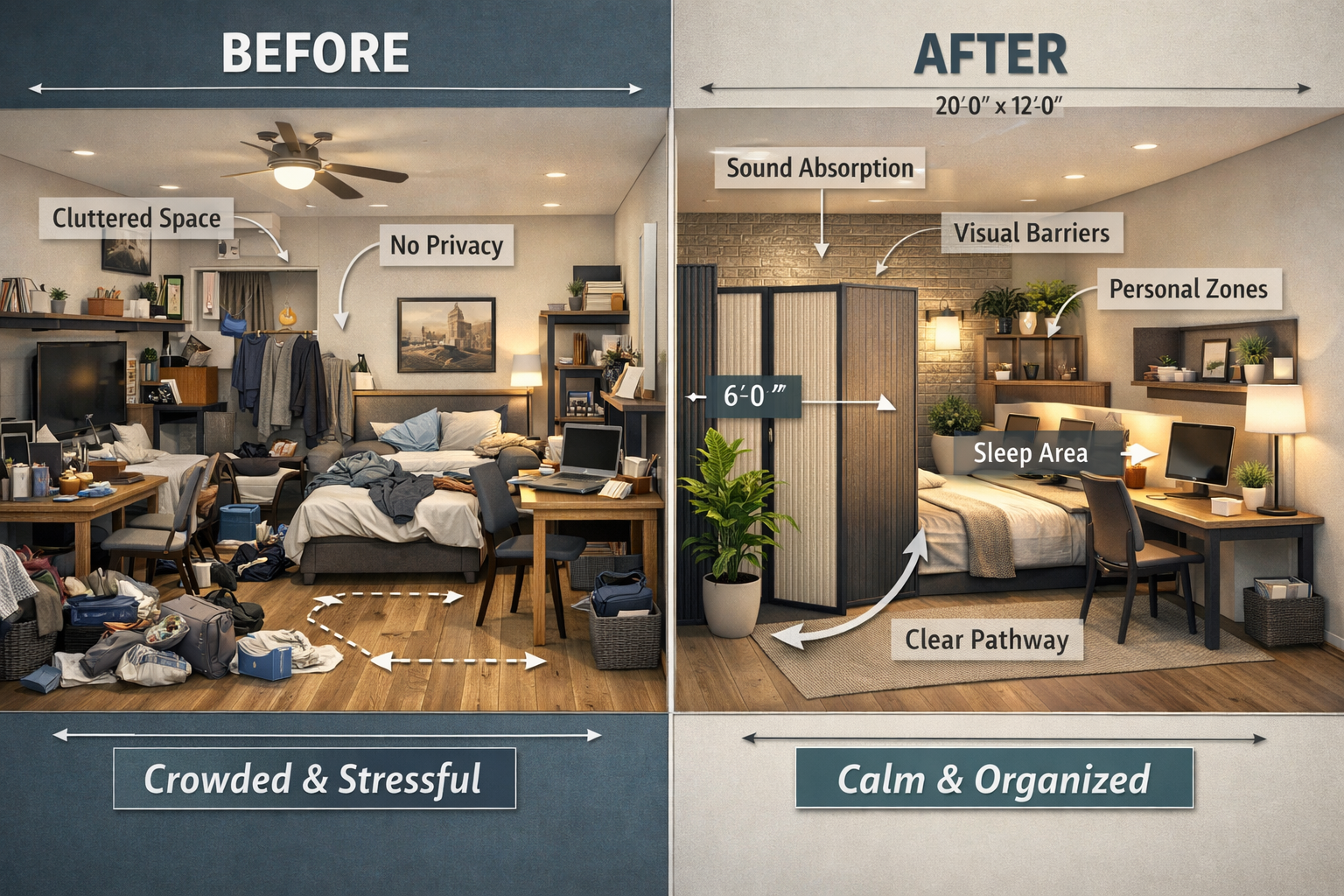 Landscape format (1536x1024) infographic-style comparison showing before and after transformation of cramped studio apartment: split-screen 