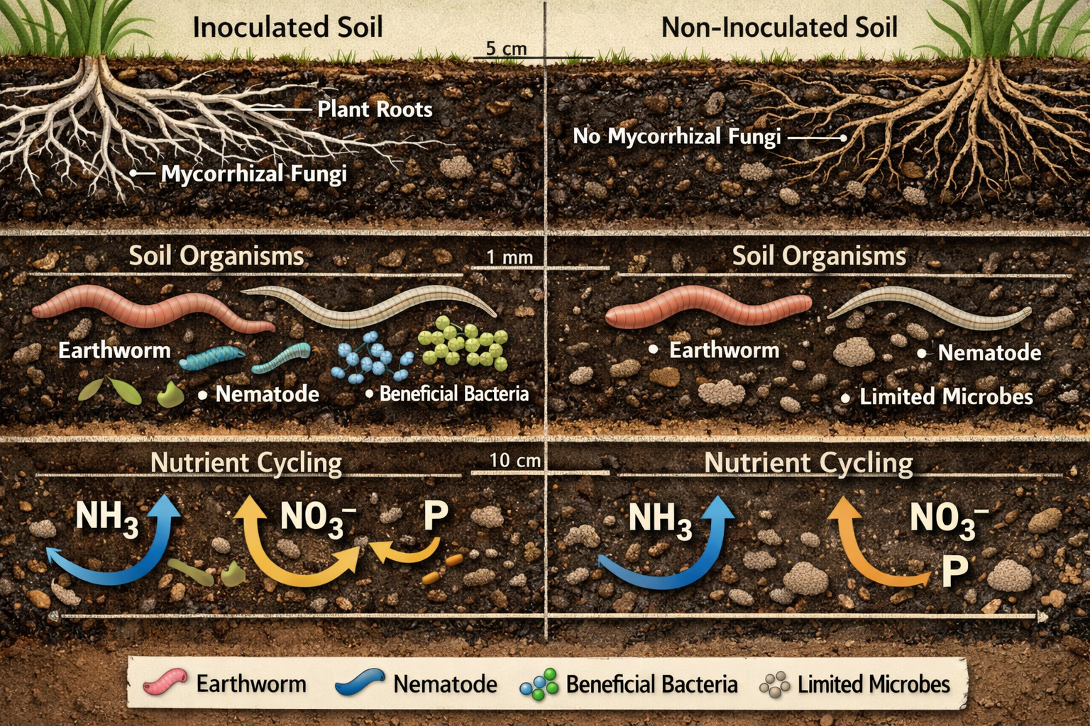 Detailed () image showing close-up cross-section of soil layers with visible biodiversity indicators. Top layer shows