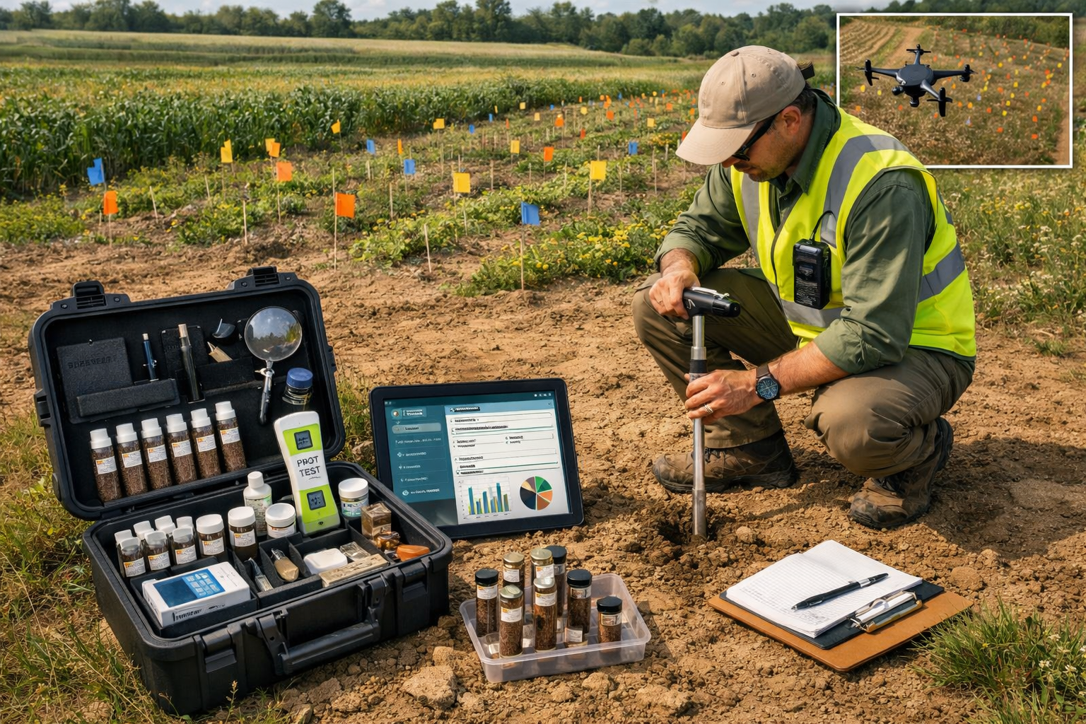 Detailed () image depicting field survey methodology for measuring soil biodiversity. Scene shows biodiversity surveyor in