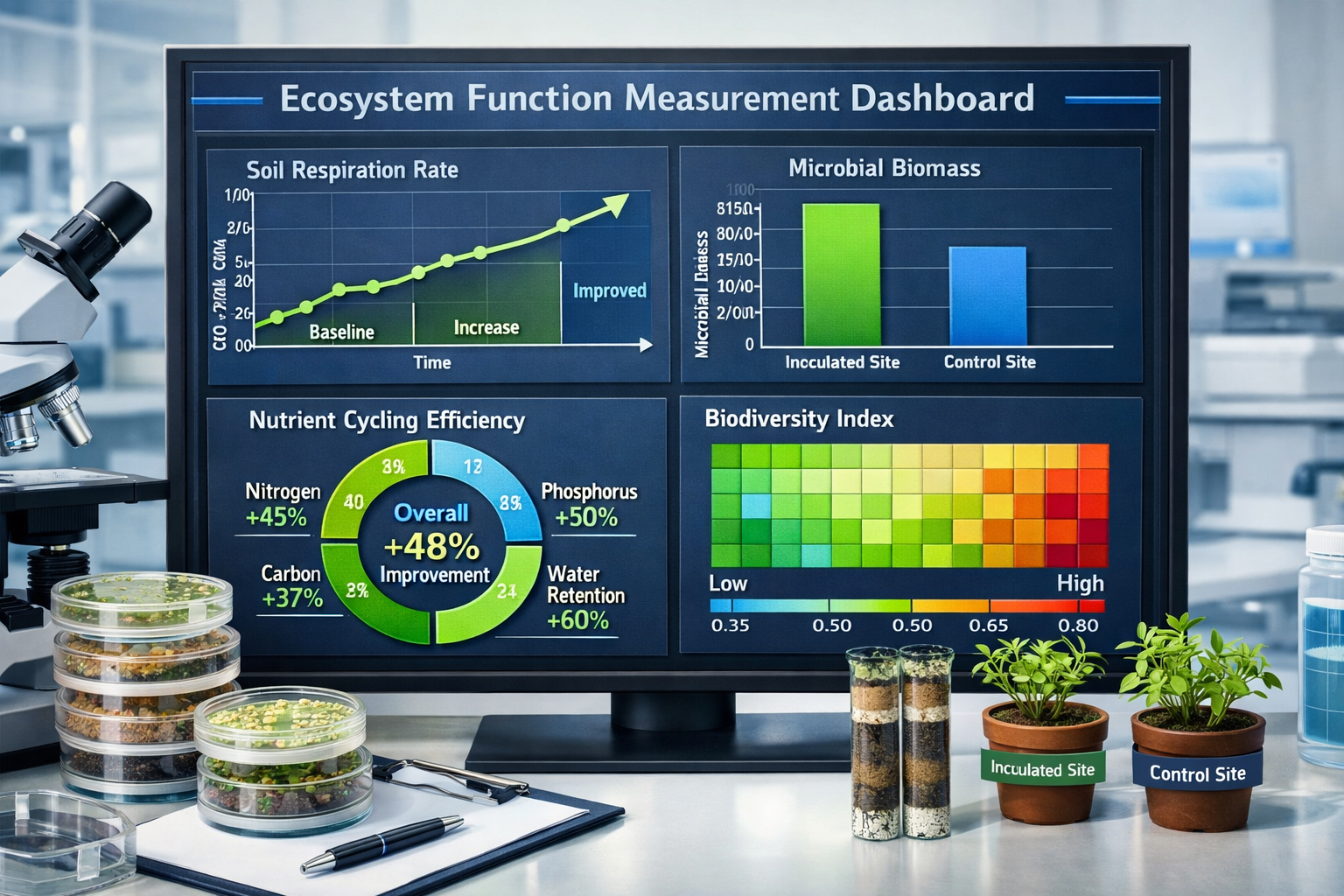 Detailed () infographic-style image showing ecosystem function measurement dashboard. Central focus on large digital display