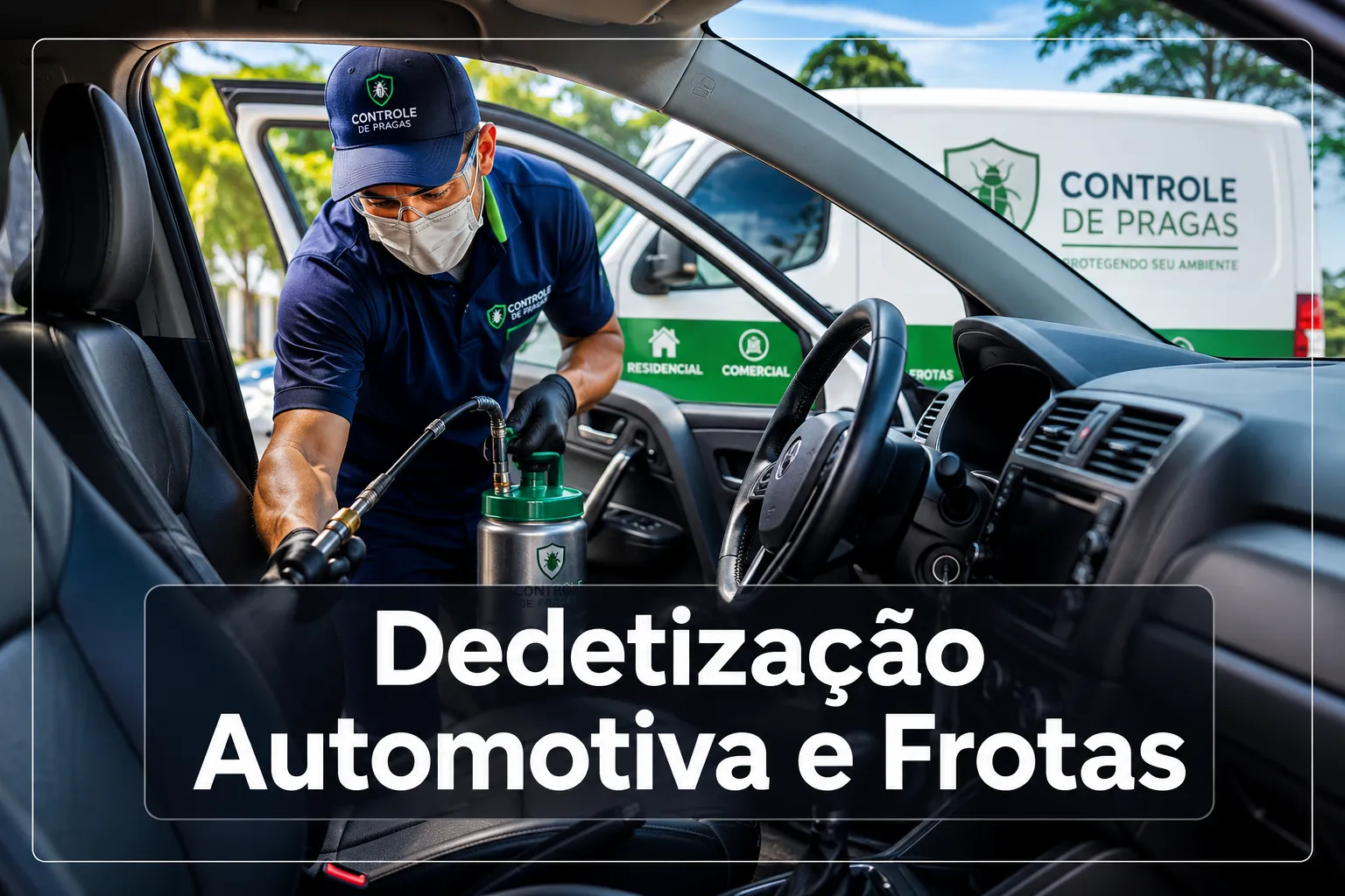 Professional () hero image with (≤42 chars): 'Dedetização Automotiva e Frotas', white centered on a dark semi-transparent