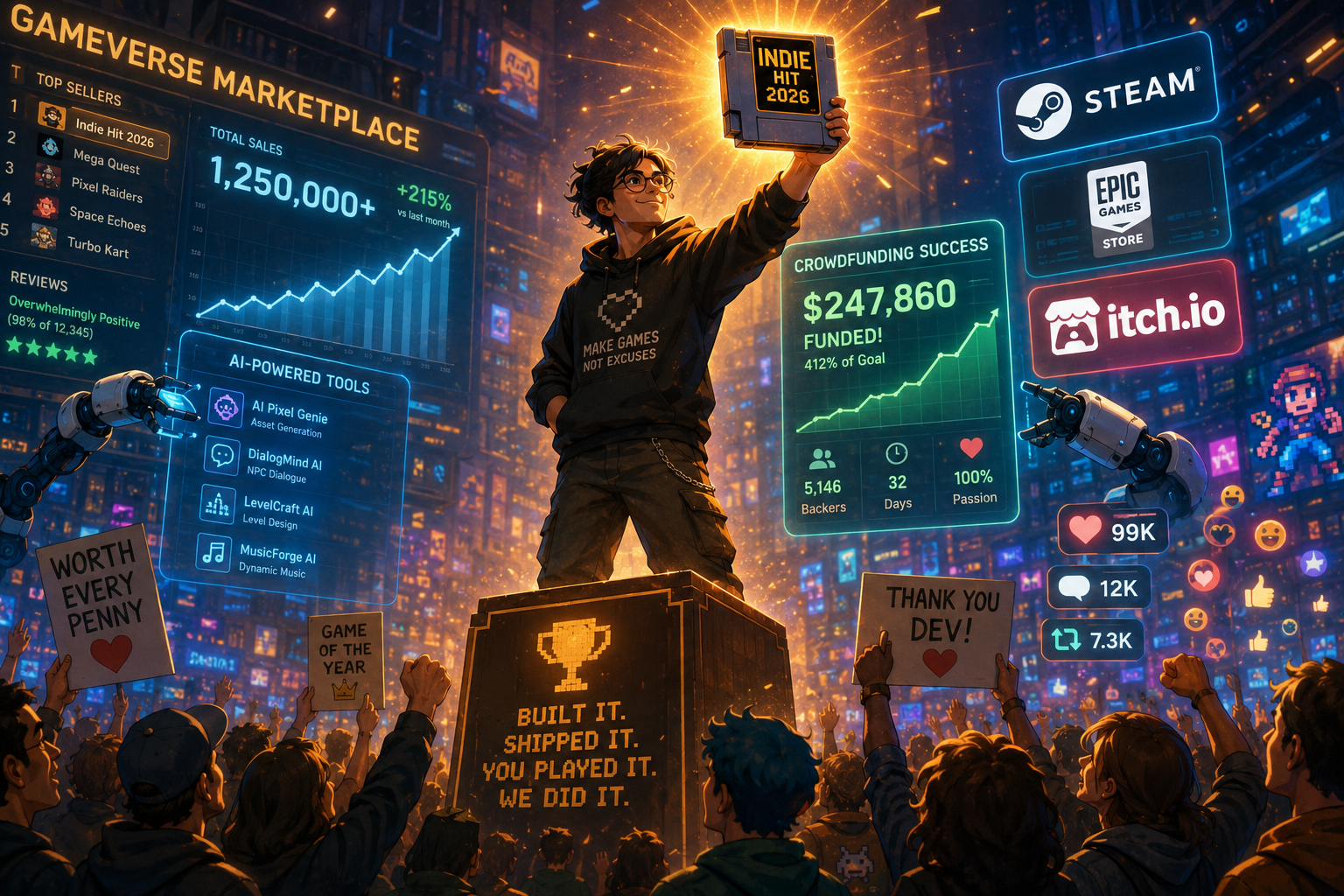 () concept illustration showing a small indie game developer holding a glowing game cartridge labeled 'Indie Hit 2026'