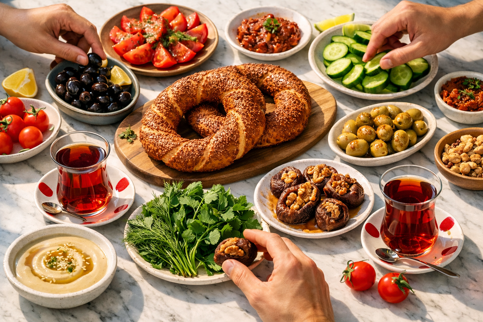 () overhead shot of a traditional Turkish breakfast serpme kahvalti spread featuring entirely plant-based items: olives,